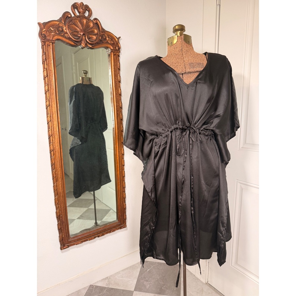 Gypsie Blu Black Satin Kaftan Dress V-Neck Drawstring Waist One Size OS